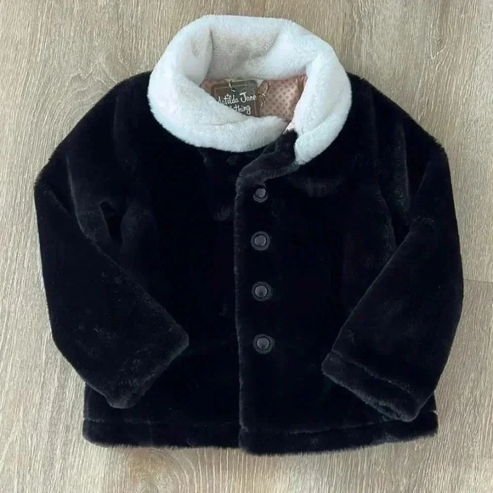 Matilda Jane Just Imagine Artis Black Faux Fur‎ Coat Girls 6 NWT